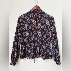 Margaret O’Leary Long Sleeve Boho Floral Top Blouse Navy Mandarin Collar Size S
